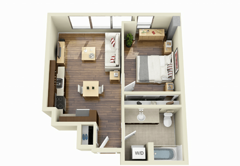 Floor plan for 1 bed, 1 bath, 799 sqft